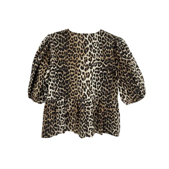Ganni Leopard Brown Cotton Poplin Peplum Tie Blouse Size 42 - Picture 3 of 4